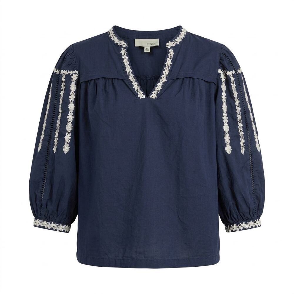 Pinch Navy Blue Crochet Trim Puff Sleeve V-Neck Blouse Women Size M